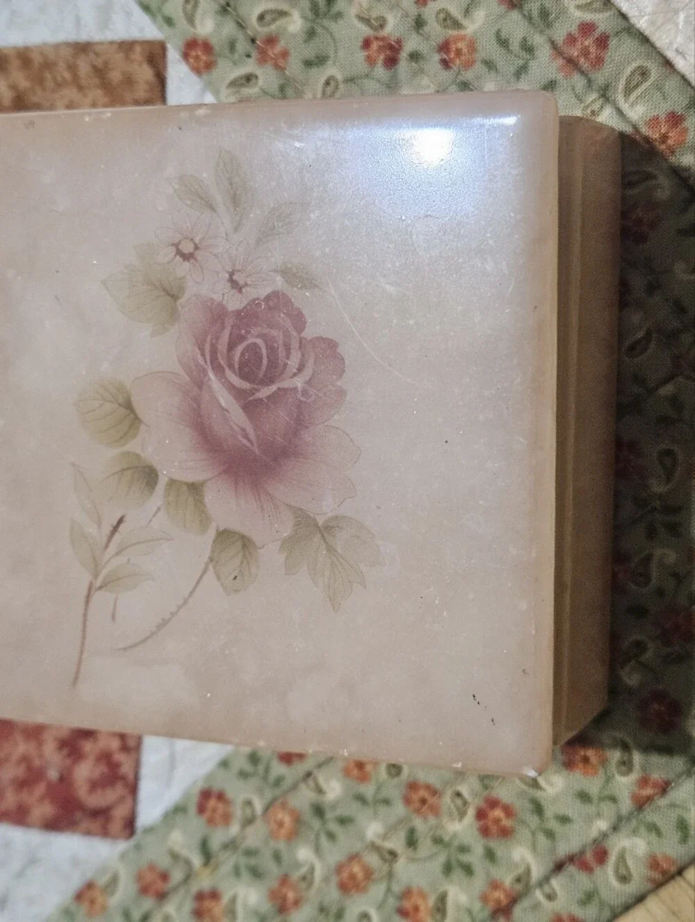 Vintage, Hand-carved Italian Alabaster Trinket Box featuring a Painted Pink Rose